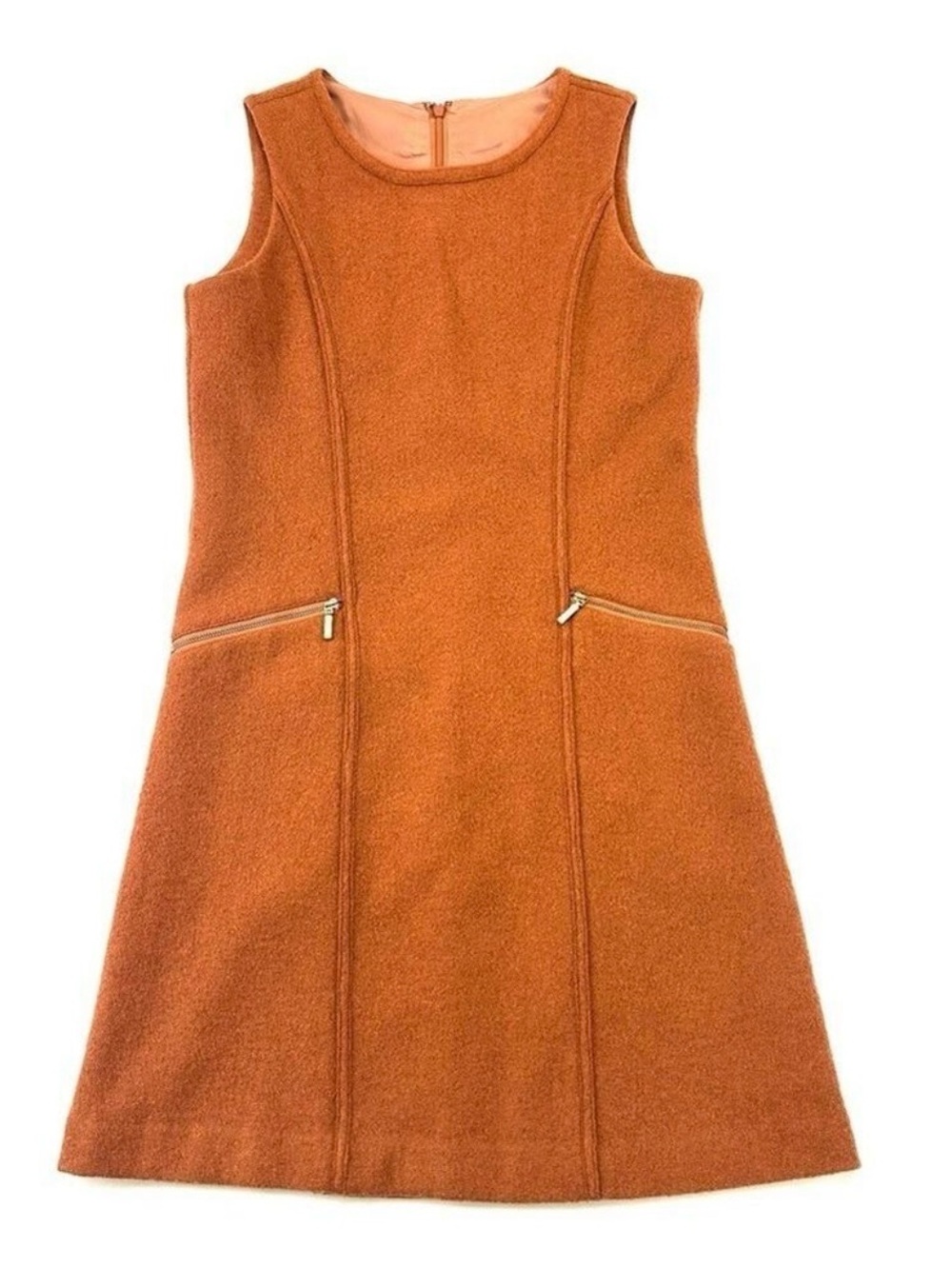 Boiled wool jumper dress Small Lined tumeric rust orange
Round neck pockets